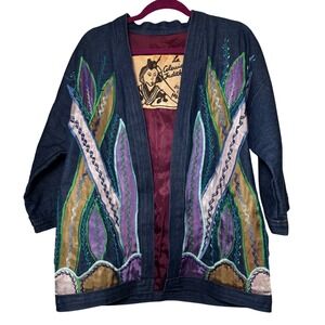 La Coleccion Judith Roberts Denim Embroidered Kimono Jacket M Women Blue Mexico